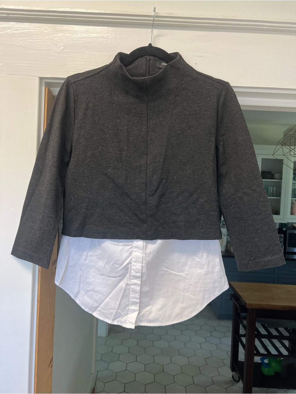 Theory Gray and White Cropped mock neck with Shirt Hem